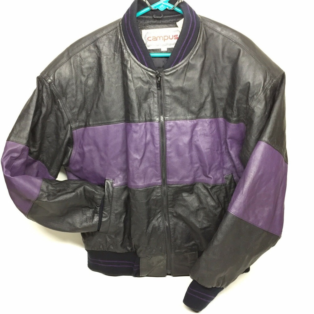 VTG W-L Black Leather Jacket w/ Purple Stripe. EUC
